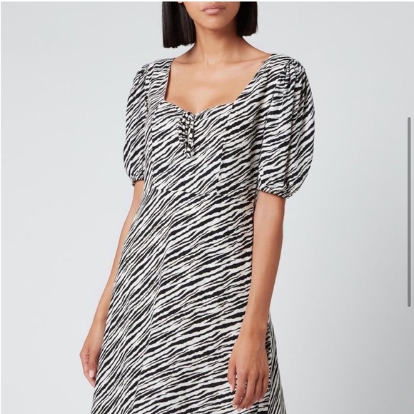 Faithfull The Brand Gabriela Zebra Stripe Black White Puff Sleeve Midi Dress M - Picture 3 of 10